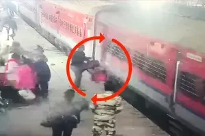 Railway personnel's quick action saves woman from falling under moving train in UP 